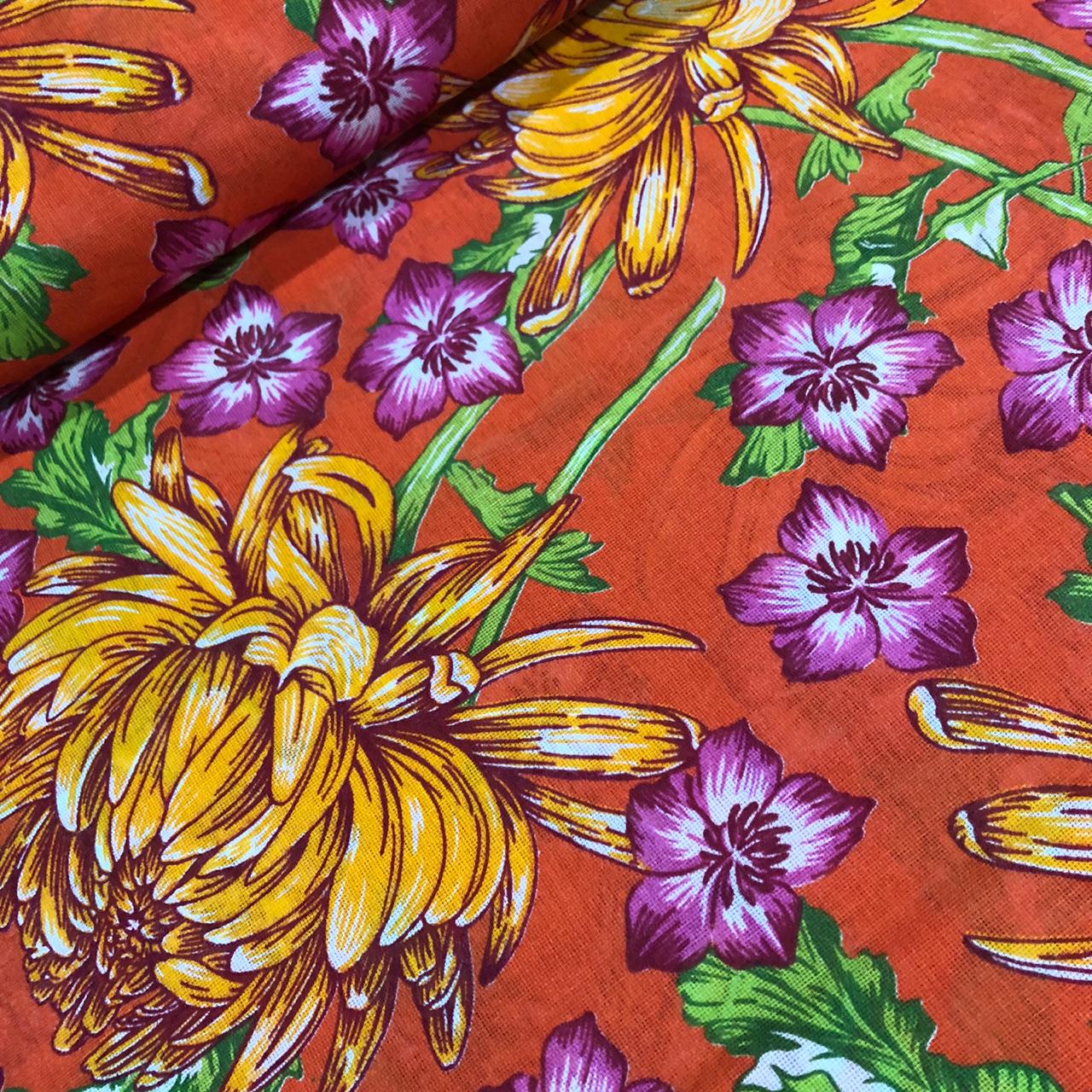 Tecido Chita 100 Algodao Mascarenhas Floral Amarelo Com Lilas Fd Laranja Pandatex Tecidos
