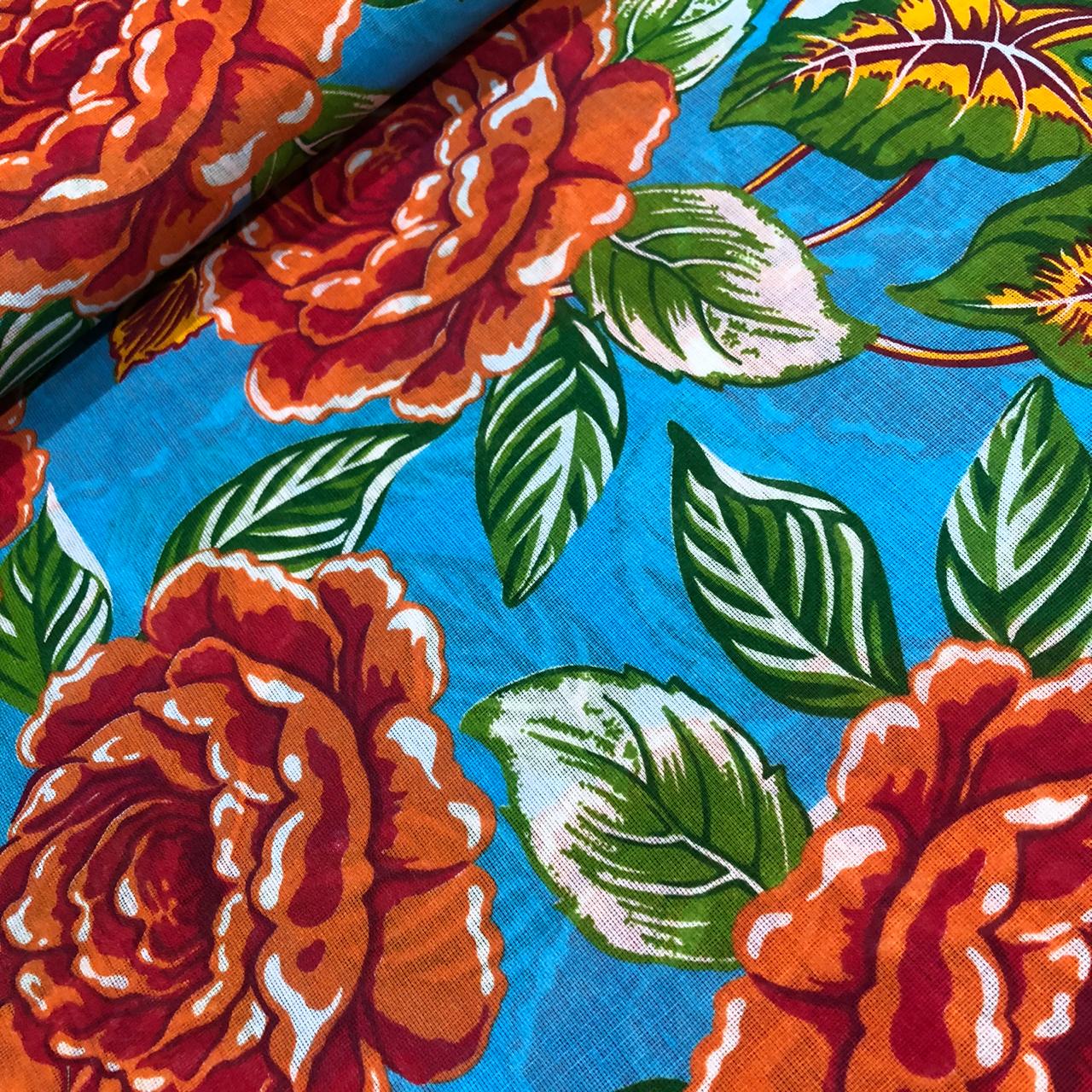 Tecido Chita 100 Algodao Mascarenhas Floral Laranja Fd Azul Pandatex Tecidos
