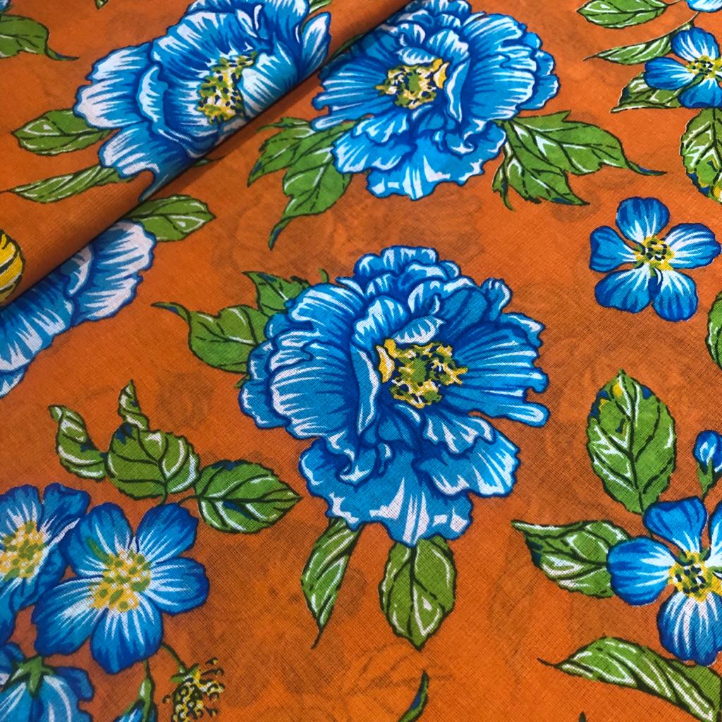 Tecido Chita 100 Algodao Mascarenhas Floral Azul Claro Fd Laranja Pandatex Tecidos