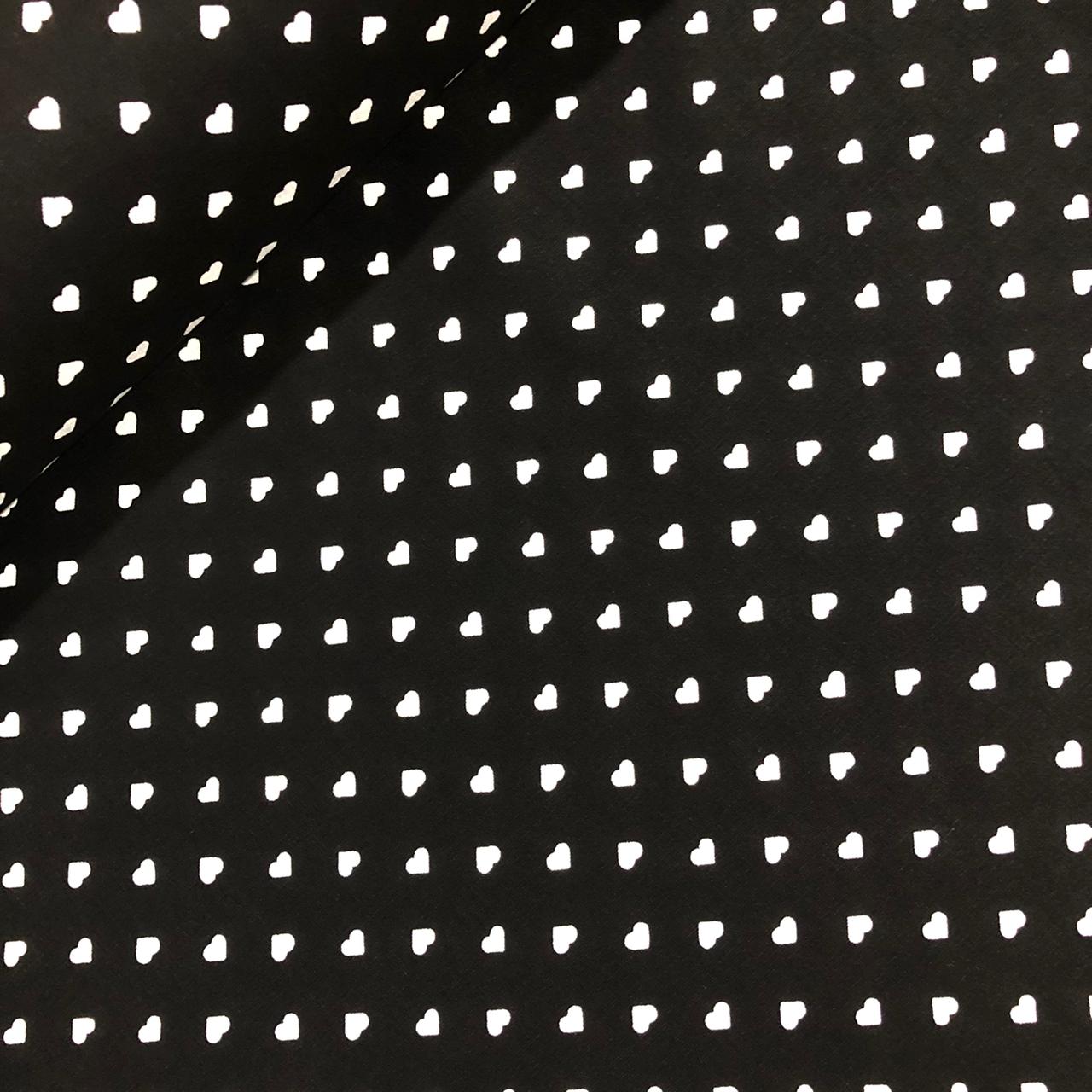 TECIDO TRICOLINE ESTAMPADO 100% ALGODÃO PERIPAN CORAÇÃO BRANCO FD PRETO 