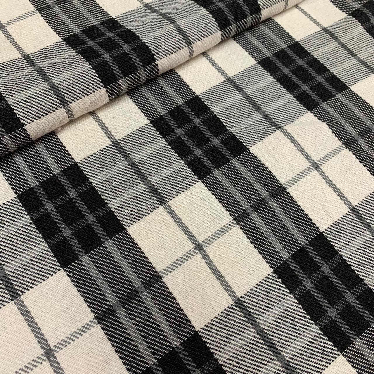 TECIDO FLANELADO 65% poliéster 35% algodão CACHA BRUSHED XADREZ PRETO E BRANCO