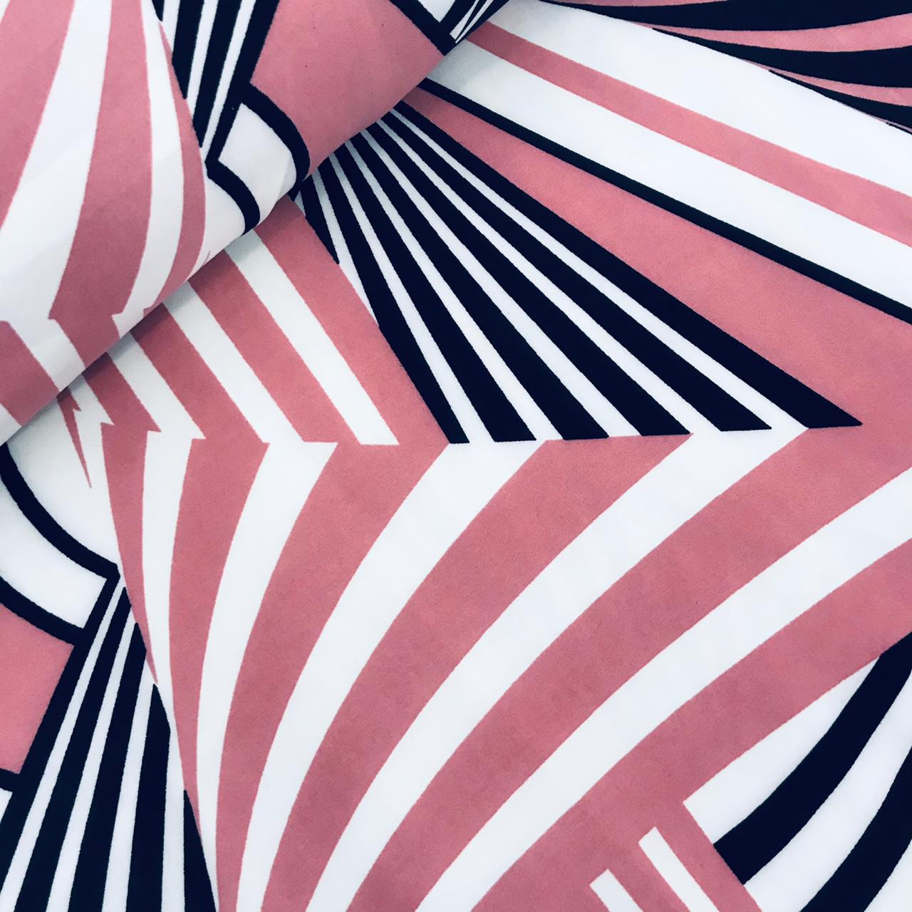 TECIDO 96 POLIÉSTER 4 ELASTANO ESTAMPA ROSA BRANCO E PRETO Pandatex Tecidos