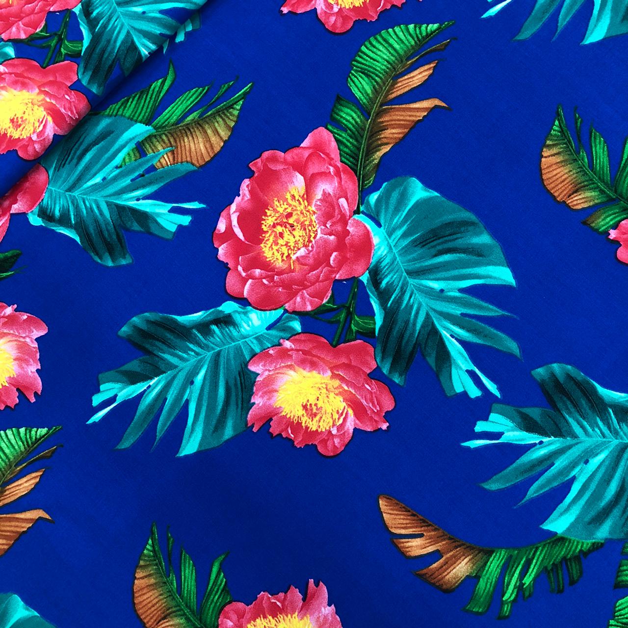 Tecido 100 Viscose Estampado Floral Fd Azul Royal Pandatex Tecidos