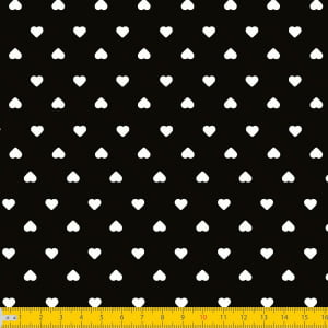 TECIDO TRICOLINE ESTAMPADO 100% ALGODÃO PERIPAN CORAÇÃO BRANCO FD PRETO 