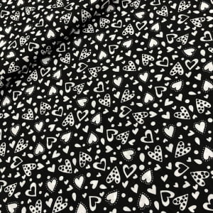 TECIDO TRICOLINE ESTAMPADO 100% ALGODÃO EVA E EVA COLEÇÃO AMOR AMOUR AMORE LOVE CORAÇÕES BRANCO FD PRETO 