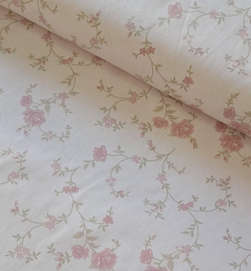 TECIDO TRICOLINE ESTAMPADO 100% ALGODÃO FLORAL ROSA CHÁ
