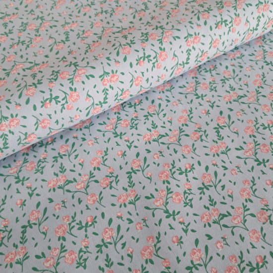 TECIDO TRICOLINE ESTAMPADO 100% ALGODÃO FLORAL ROSA FD AZUL  
