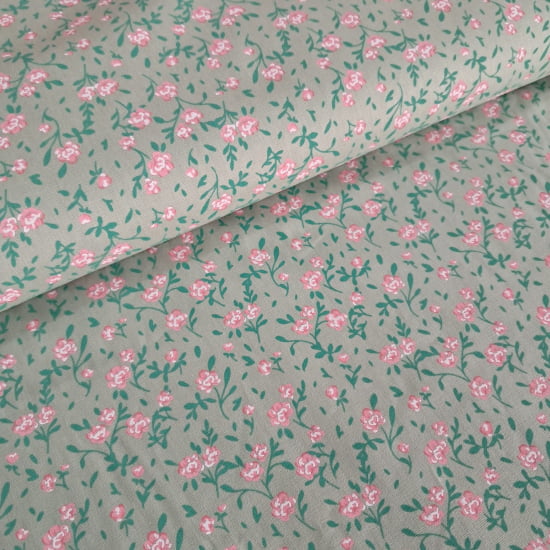 TECIDO TRICOLINE ESTAMPADO 100% ALGODÃO FLORAL ROSA FD VERDE