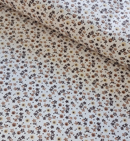 TECIDO TRICOLINE ESTAMPADO 100% ALGODÃO  FLORZINHA BEGE COM MARROM 