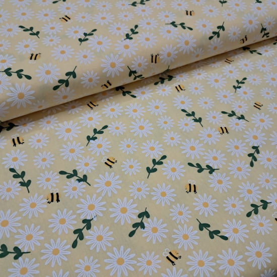 TECIDO TRICOLINE ESTAMPADO 100% ALGODÃO MARGARIDAS E ABELHAS FD AMARELO