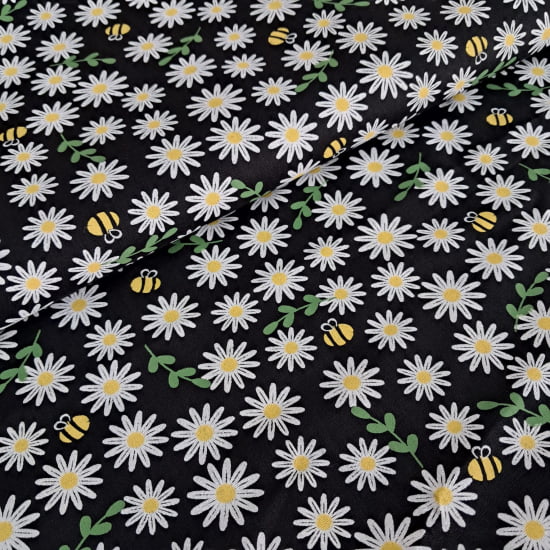 TECIDO TRICOLINE ESTAMPADO 100% ALGODÃO MARGARIDAS E ABELHAS FD PRETO