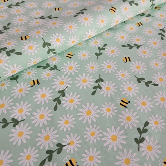 TECIDO TRICOLINE ESTAMPADO 100% ALGODÃO MARGARIDAS E ABELHAS FD VERDE