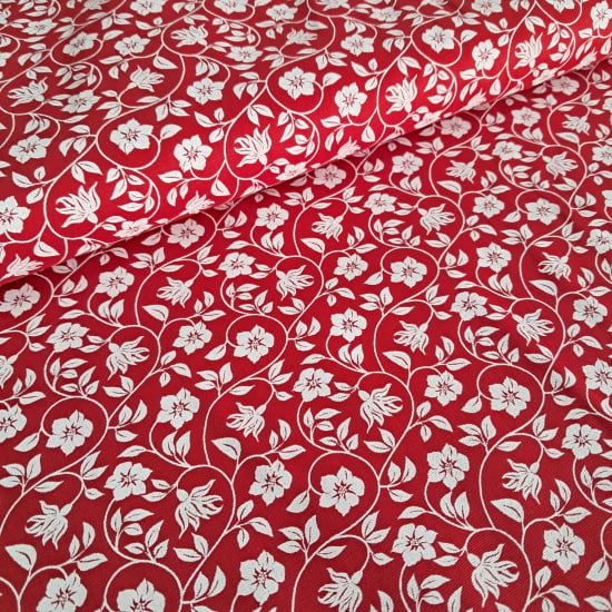 TECIDO TRICOLINE ESTAMPADO 100% ALGODÃO PERIPAN FLORAL BRANCO FD VERMELHO