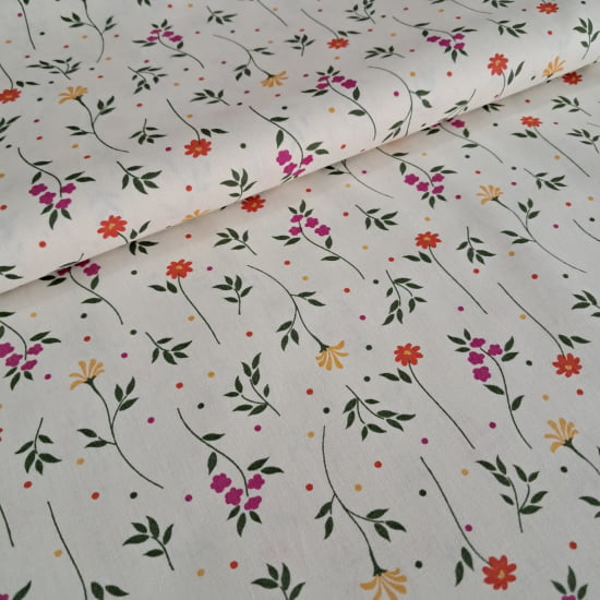 TECIDO TRICOLINE ESTAMPADO 100% ALGODÃO PERIPAN  FLORAL DELICADO FD BEGE