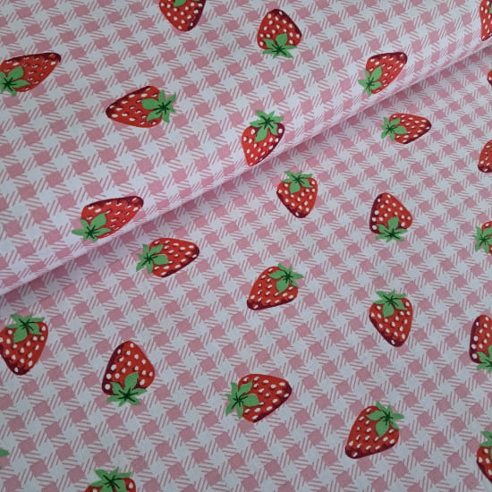 TECIDO TRICOLINE ESTAMPADO 100% ALGODÃO RIMATEX MORANGOS FD XADREZ ROSA 