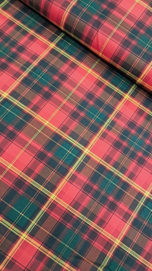 TECIDO TRICOLINE ESTAMPADO 100% ALGODÃO PERIPAN  NATAL DIGITAL XADREZ VERMELHO COM  DOURADO