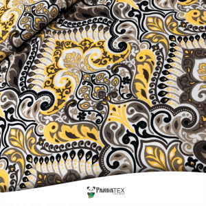 TECIDO RÚSTICO ESTAMPA ARABESCO PRETO COM AMARELO