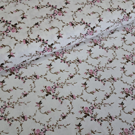 TECIDO TRICOLINE ESTAMPADO 100% ALGODÃO RIMATEX  FLORAL SARAH ROSA COM MARROM