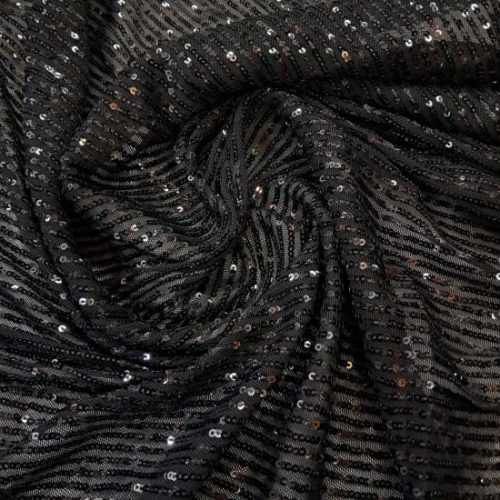 TECIDO TULE COM PAETÊ PRETO 98% POLIÉSTER 2% ELASTANO 