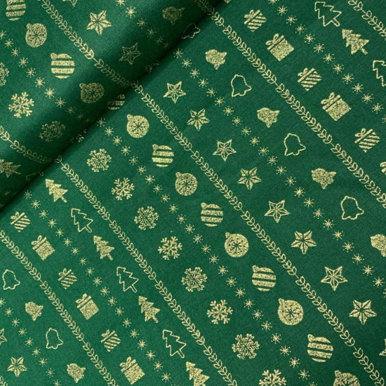 TECIDO TRICOLINE ESTAMPADO 100% ALGODÃO COLEÇÃO NATAL MINI ENFEITES DOURADO FD VERDE