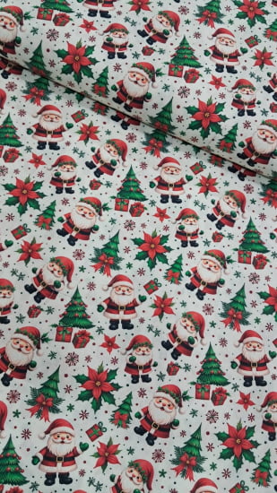TECIDO TRICOLINE ESTAMPADO 100% ALGODÃO PERIPAN NATAL  DIGITAL PAPAI NOEL FD BRANCO 