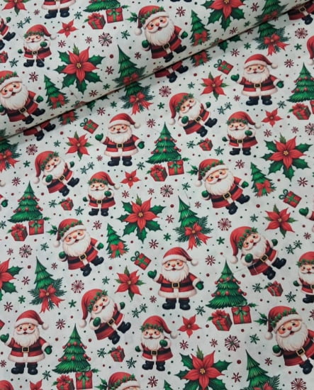 TECIDO TRICOLINE ESTAMPADO 100% ALGODÃO PERIPAN NATAL  DIGITAL PAPAI NOEL FD BRANCO 