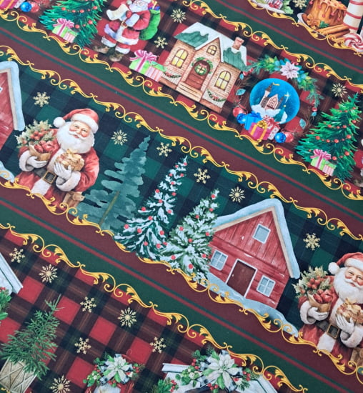TECIDO TRICOLINE ESTAMPADO 100% ALGODÃO NATAL BARRADO PAPAI NOEL TECIDO TRICOLINE ESTAMPADO 100% ALGODÃO NATAL BARRADO PAPAI NOEL