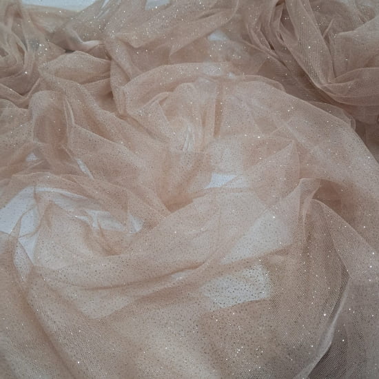 TULE COM GLITTER 100% POLIÉSTER BEGE C/ BRILHO DOURADO