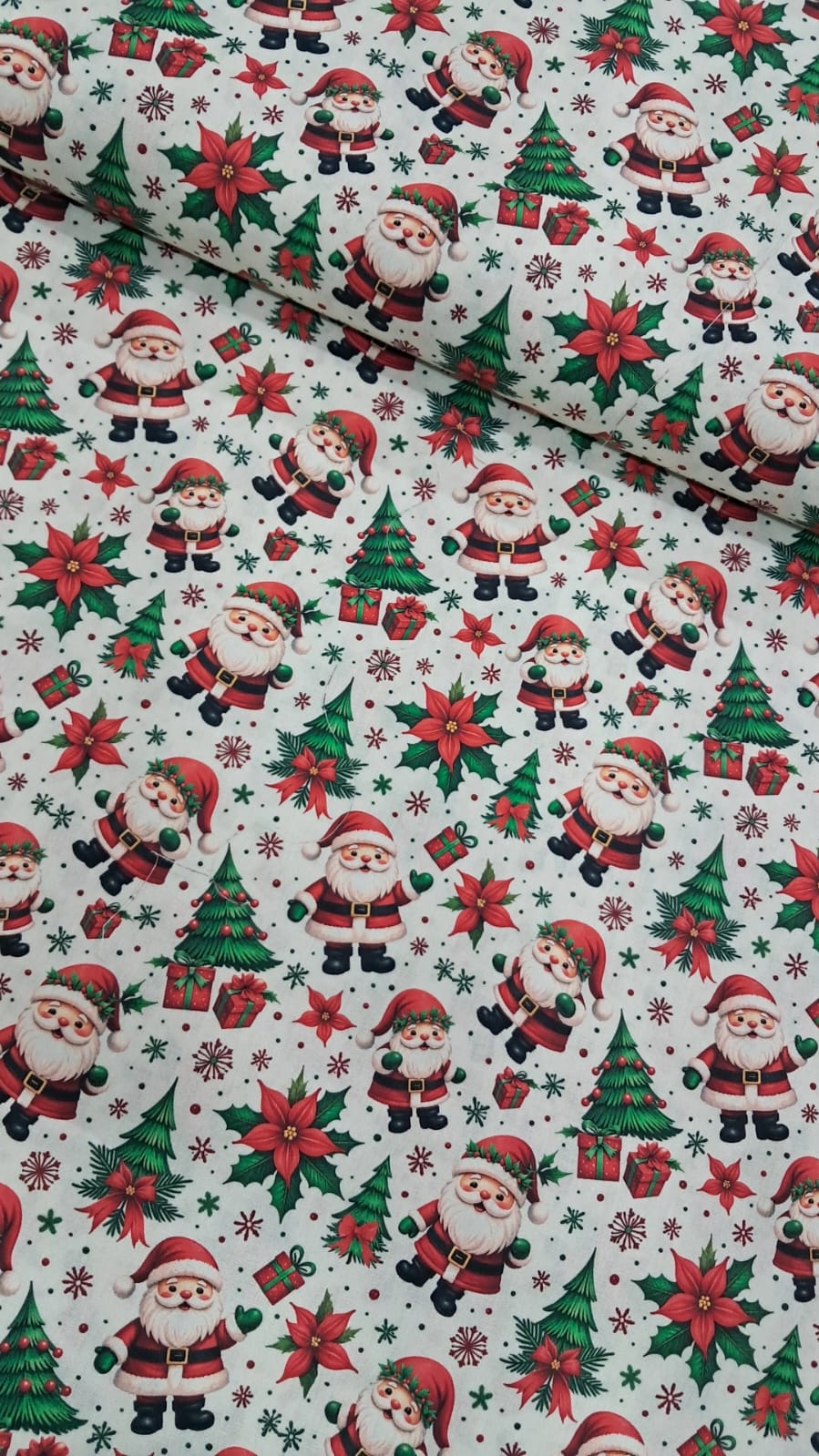 TECIDO TRICOLINE ESTAMPADO 100% ALGODÃO PERIPAN NATAL  DIGITAL PAPAI NOEL FD BRANCO 