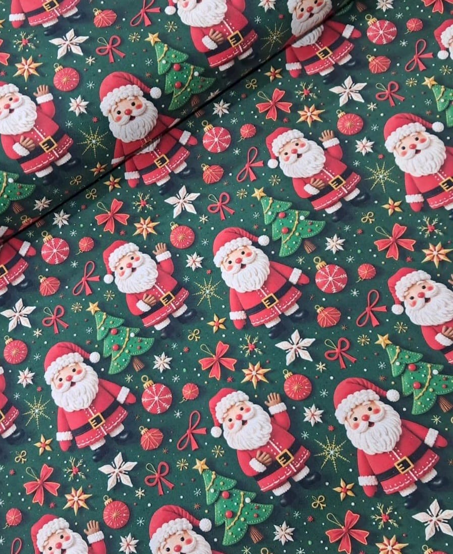 TECIDO TRICOLINE ESTAMPADO 100% ALGODÃO PERIPAN NATAL DIGITAL PAPAI NOEL FD VERDE